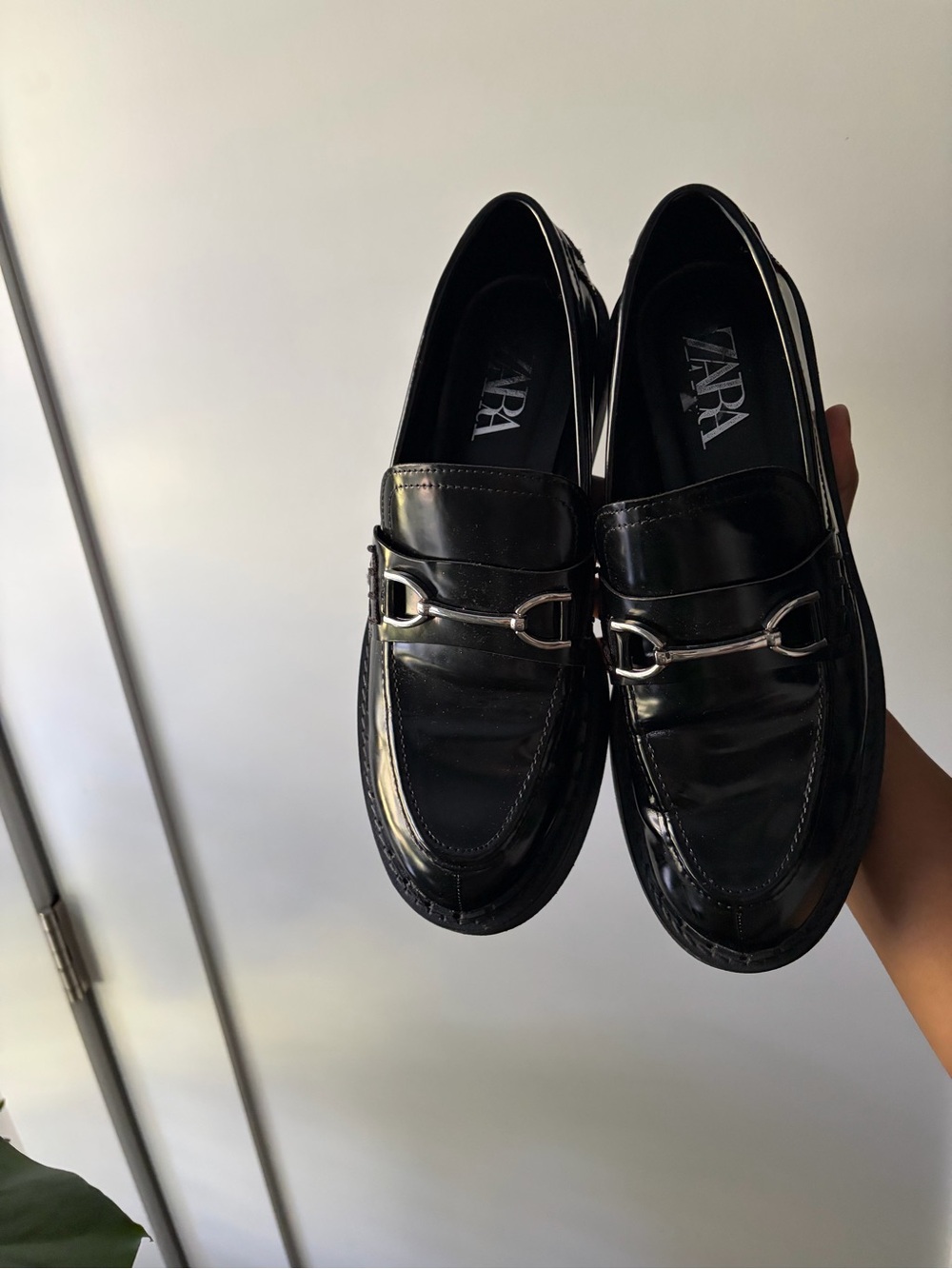 ZARA Black Patent Leather Bit Loafers with Silver Hardware